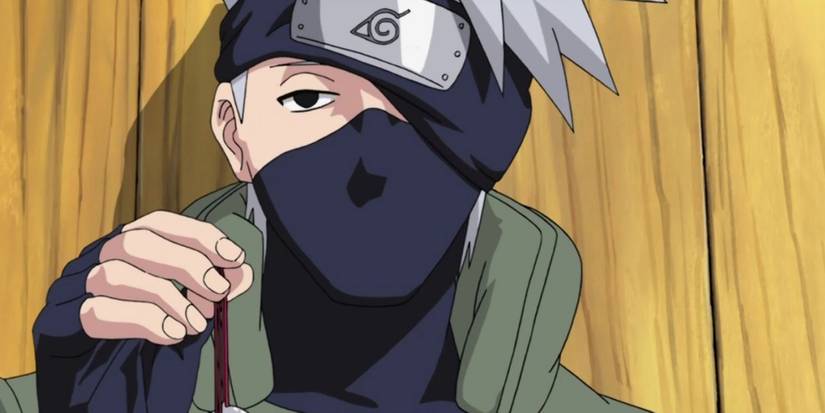Kakashi Hatake from Naruto holding a bell and looking unimpressed.