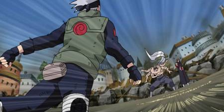 Kakashi fliegt durch die Luft während einer Konfrontation mit Schmerzen in Naruto Shippuden