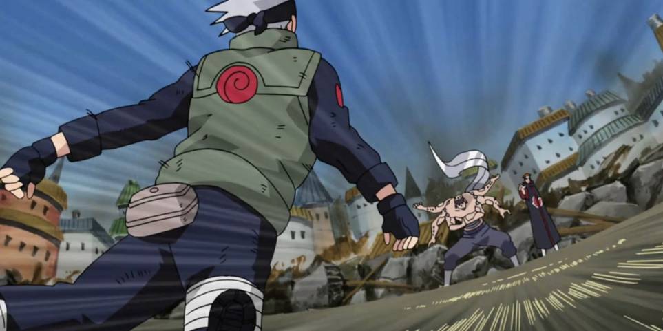 Kakashi fliegt durch die Luft während einer Konfrontation mit Schmerzen in Naruto Shippuden