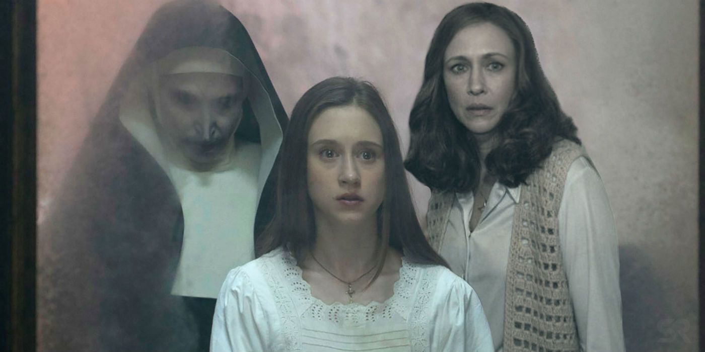 Sister Irene stands in front of Valak and Lorraine Warren in The Nun.