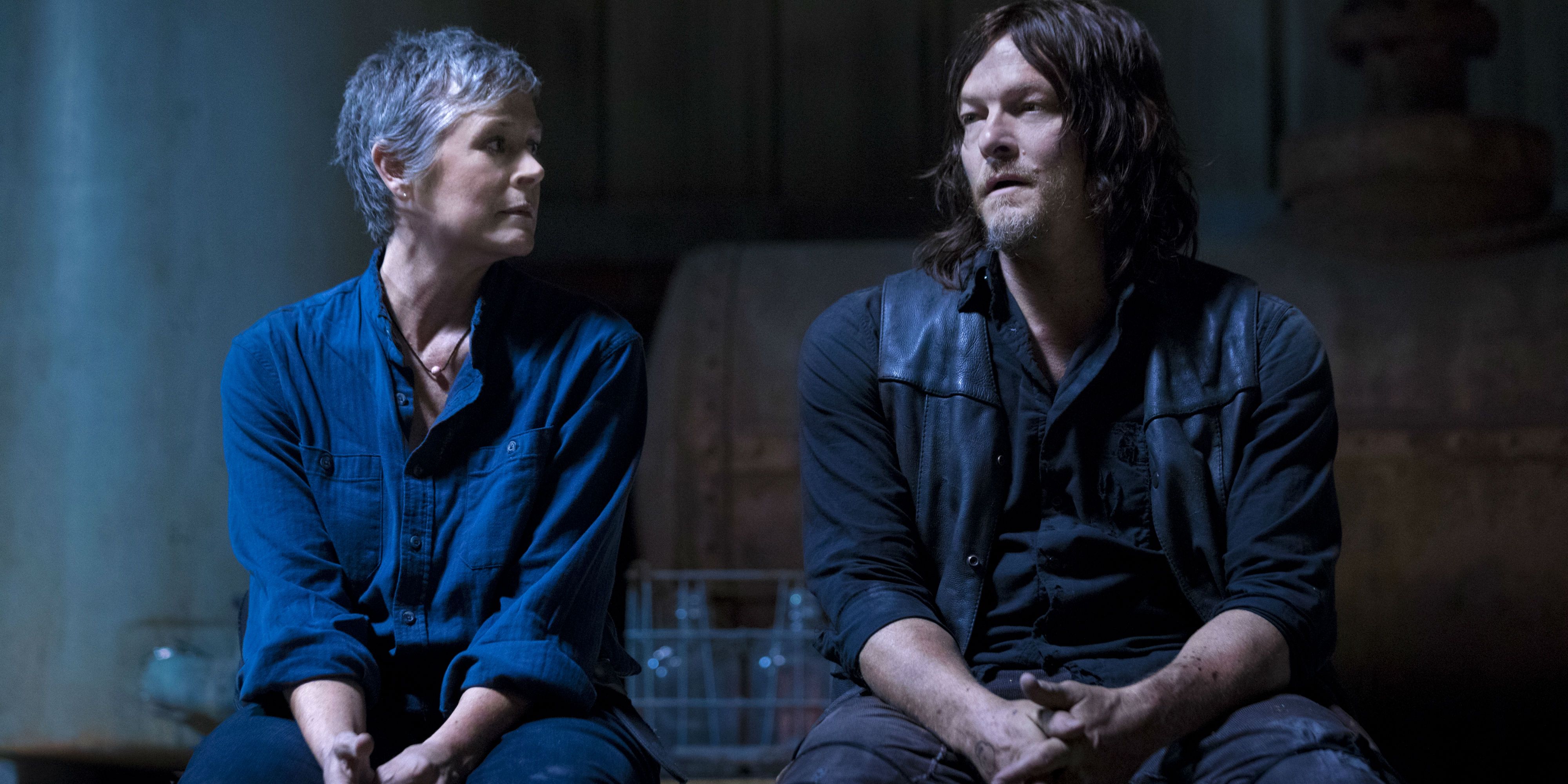 Carol (Melissa McBride) and Daryl (Norman Reedus) sitting down and talking in The Walking Dead Season 9 Premiere A New Beginning