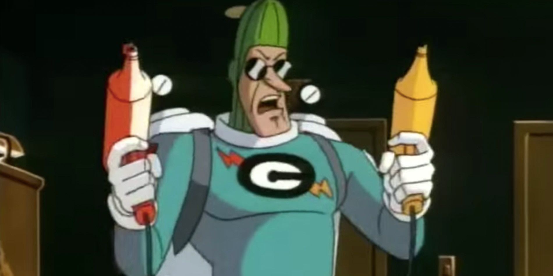 Condiment King holds a ketchup and mustard gun in Batman Animated Series