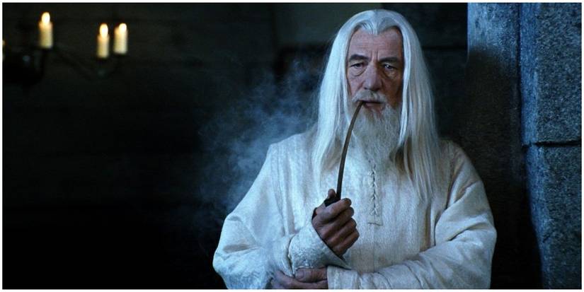 Gandalf in the Movie Lord of The Rings smoking a wooden pipe