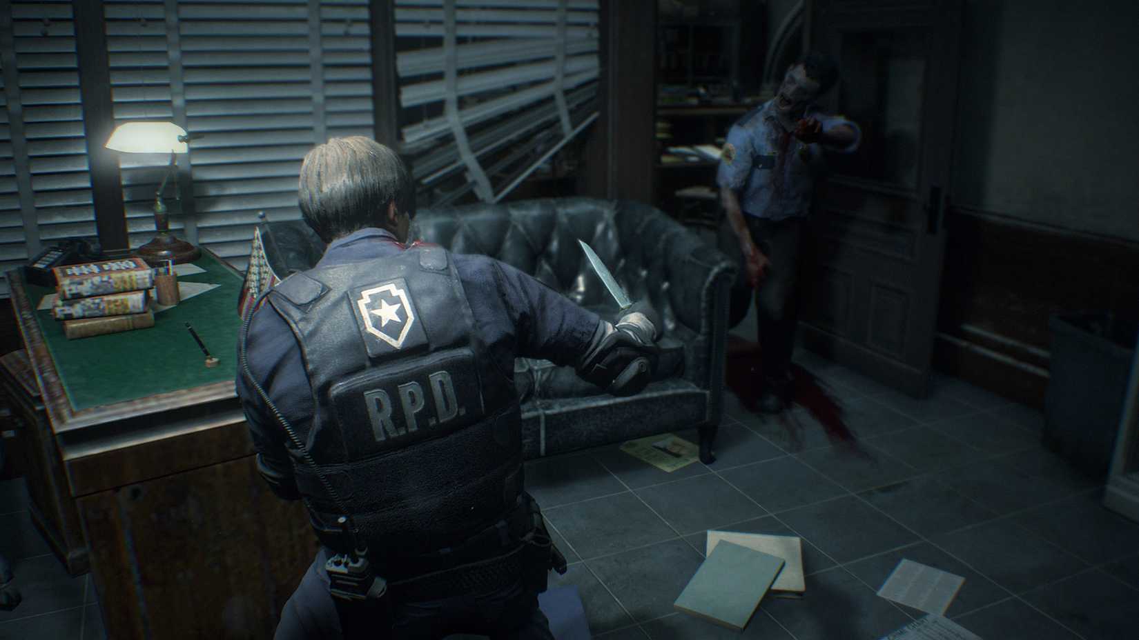 Leon fighting a zombie with a knife and the RPD Costume.
