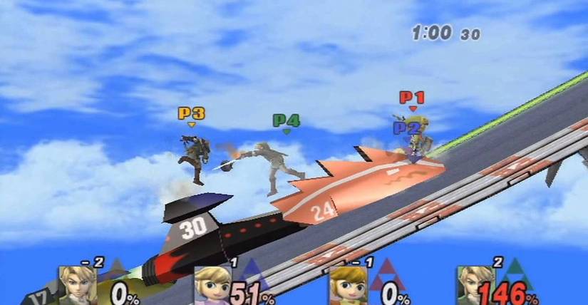 Four players battling in Super Smash Bros Melee Big Blue