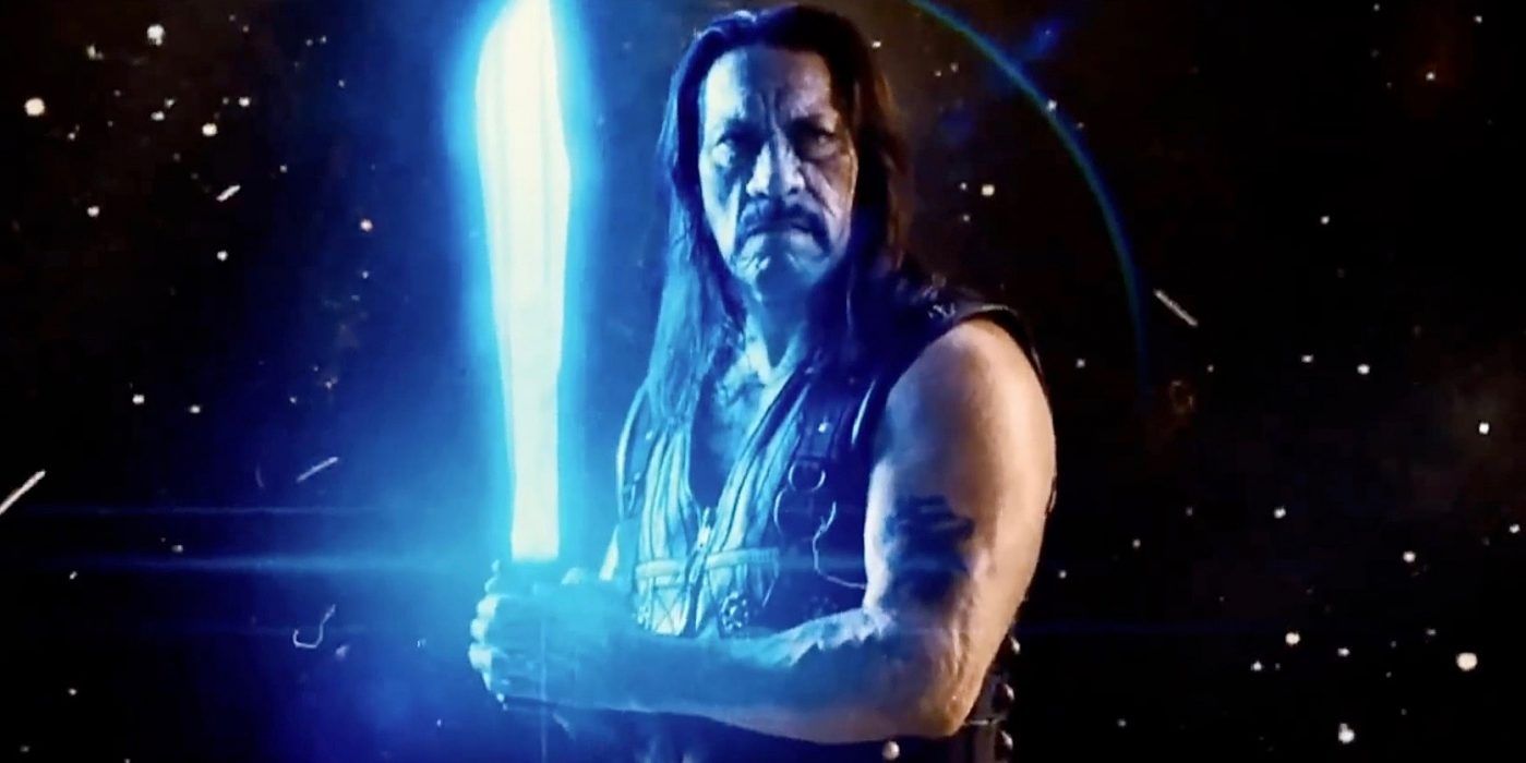 Danny Trejo holding a lightsaber in Machete Kills Again in Space