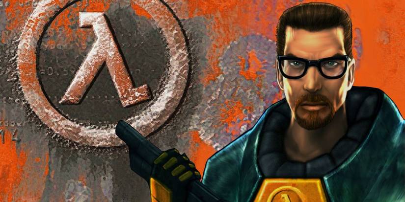 Gordan Freeman looking at the camera with the half-life logo next to him. 