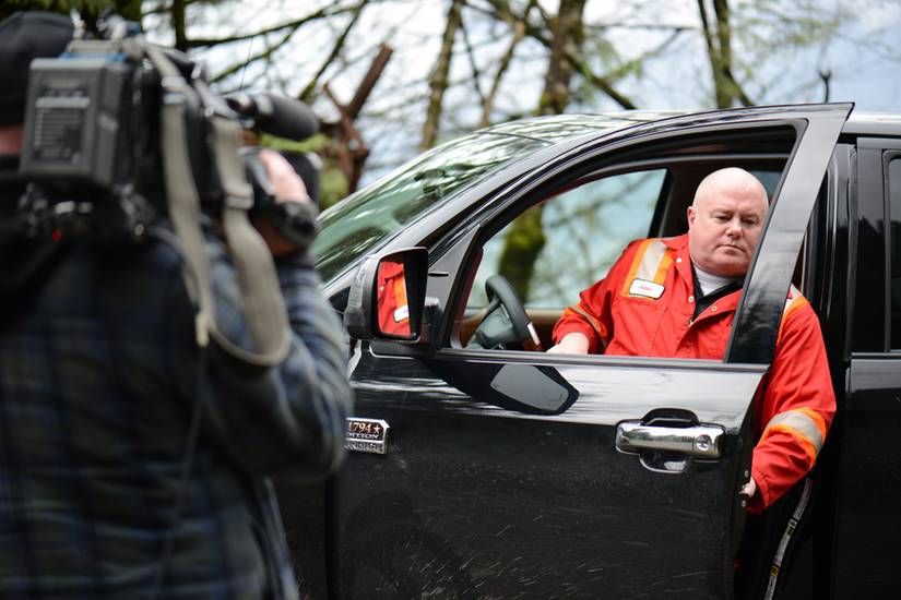 Jamie Davis steps out of his car on Highway Thru Hell
