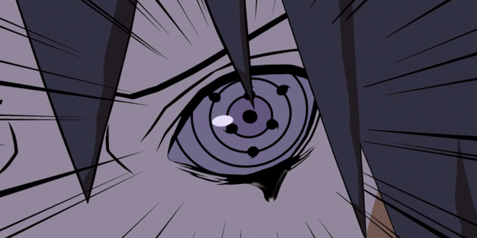 A closeup of the Rinnegan of Sasuke Uchiha in Naruto