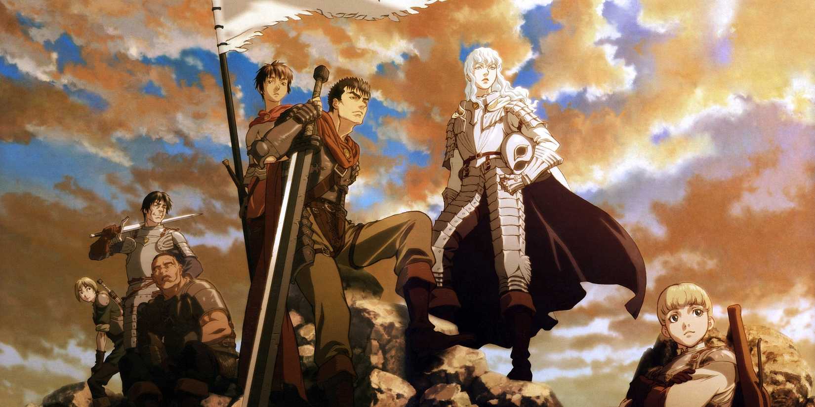 Berserk's main cast including Guts, Griffith, and Casca standing on a rock.