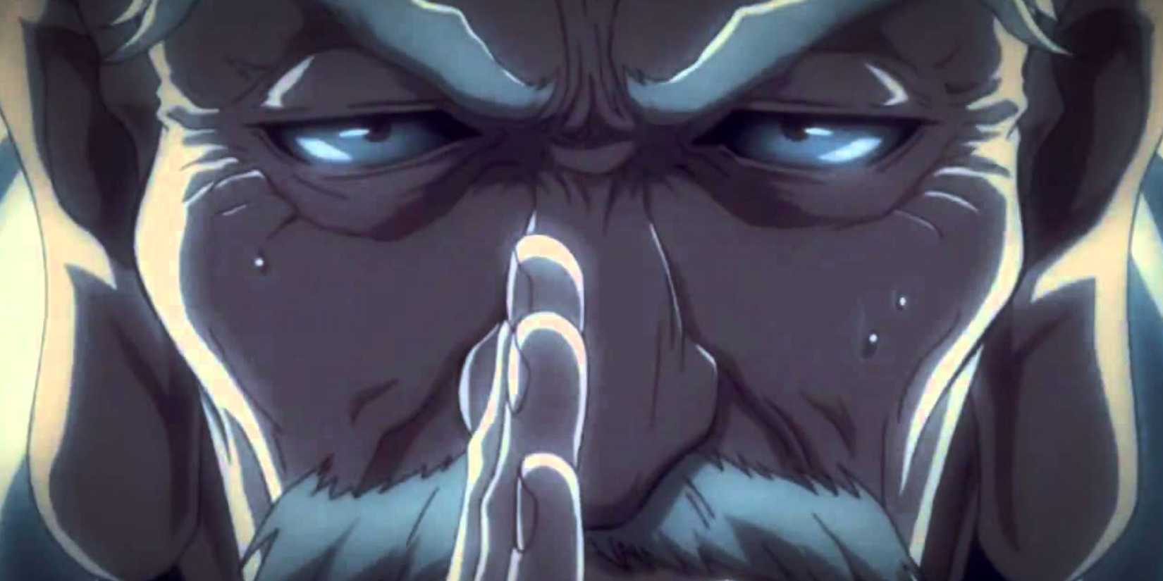 A closeup of Chairman Netero frowning in Hunter x Hunter.