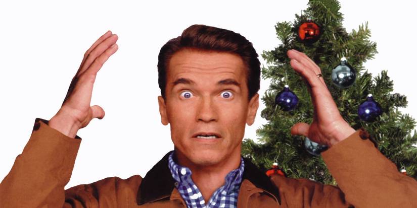 Arnold Schwarzenegger makes a funny, exasperated face in Jingle All the Way promo art