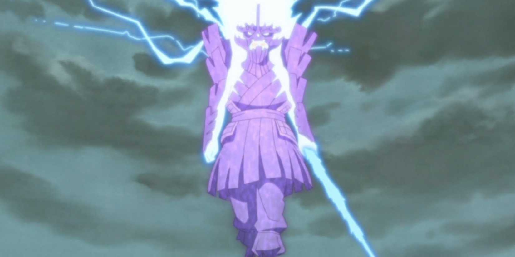 Sasuke's Susanoo looms in the sky surrounded by lightning in Naruto Shippuden
