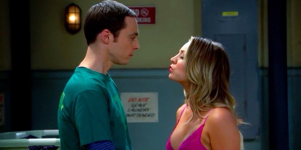 Sheldon Cooper and Penny kiss in The Big Bang Theory