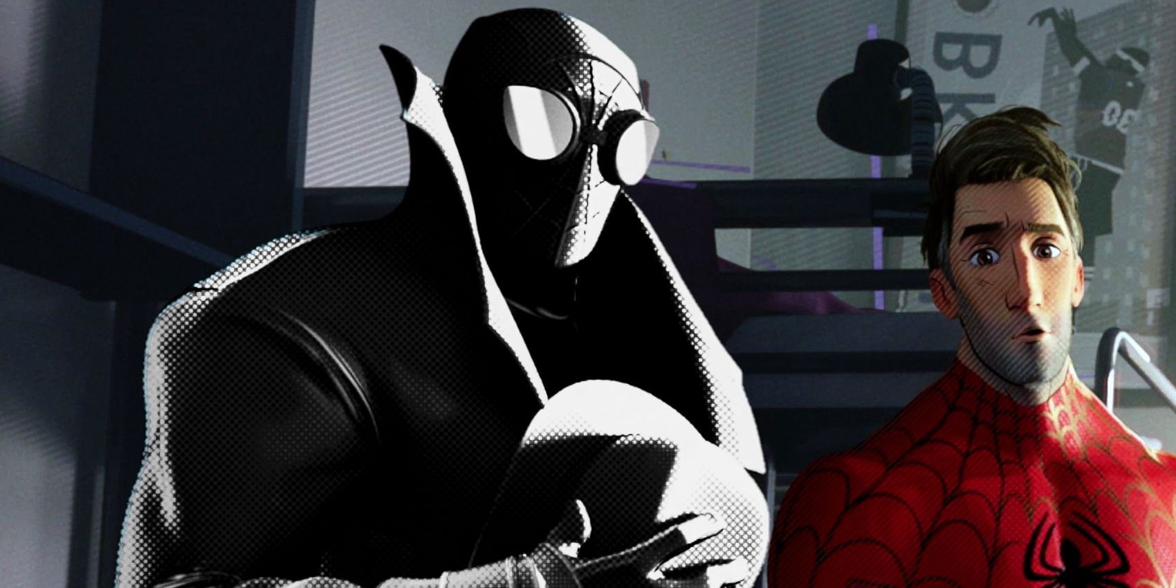 Spider-Man Noir holding his hat beside Peter B. Parker in Into The Spider-Verse