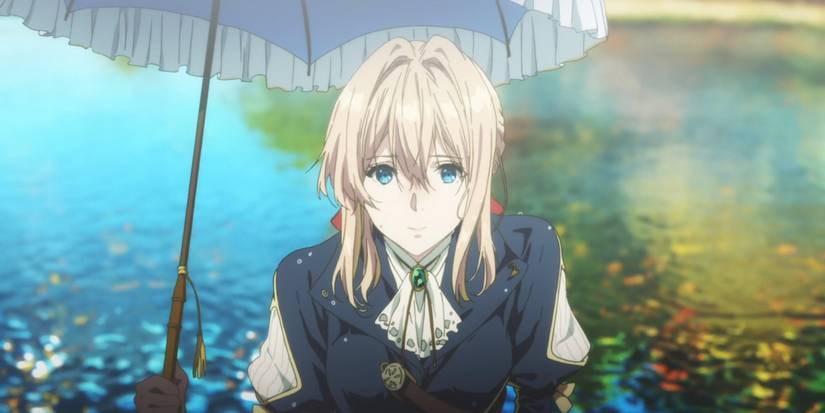 Violet Evergarden Umbrella Flies still of Violet looking up from a pond.