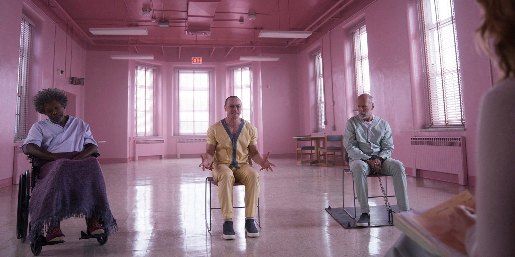 Samuel L Jackson James McAvoy and Bruce Willis in Glass