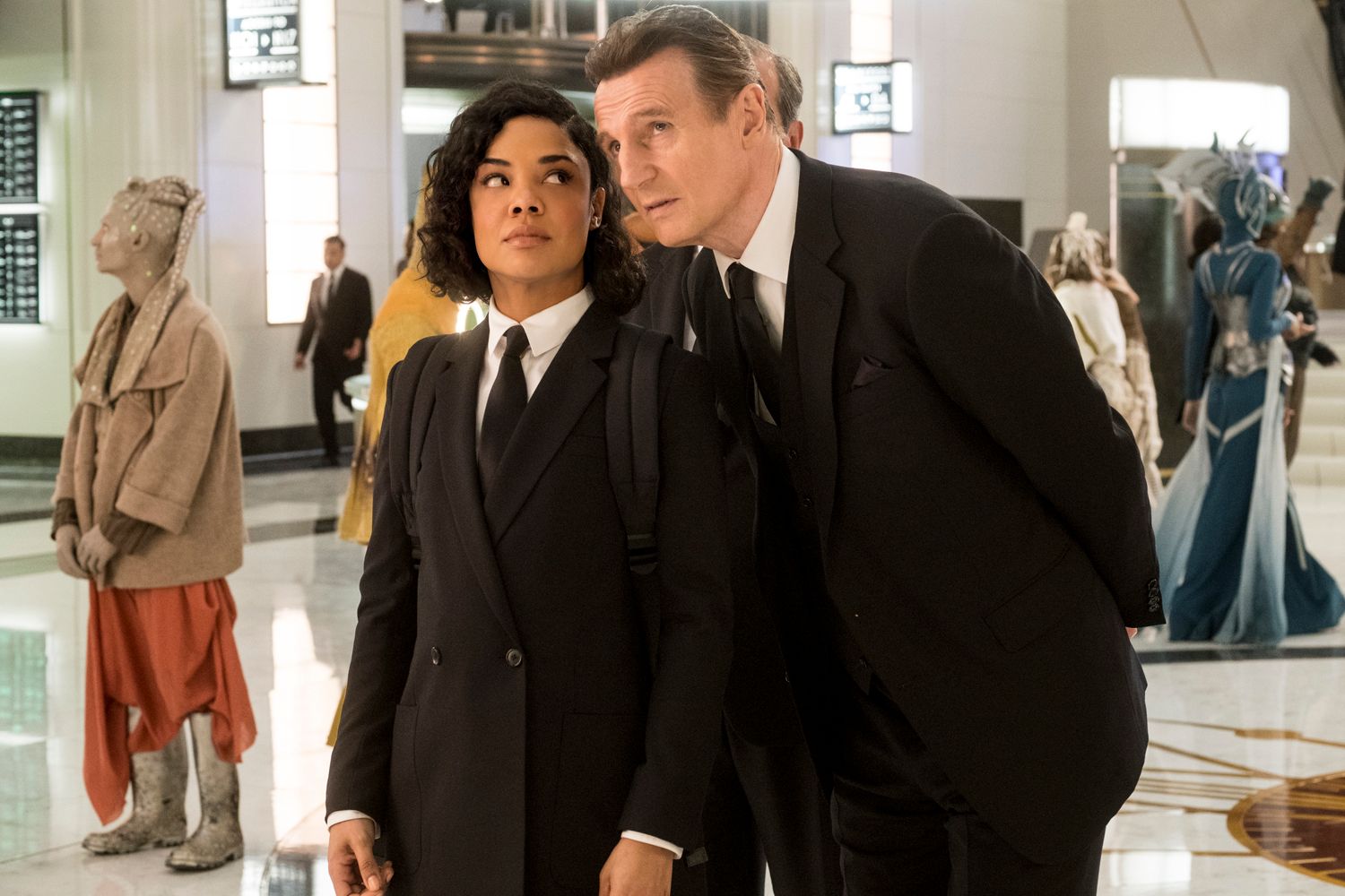 Tessa Thompson and Liam Neeson in Men in Black International