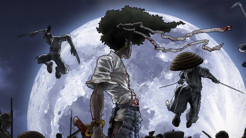 Afro Samurai ready to take on two enemies.