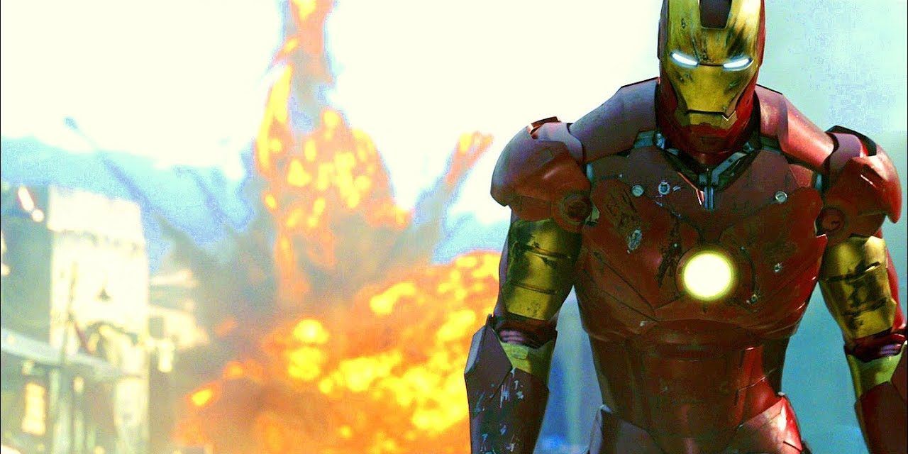 Iron Man walks away from an explosion in Iron Man (2008)