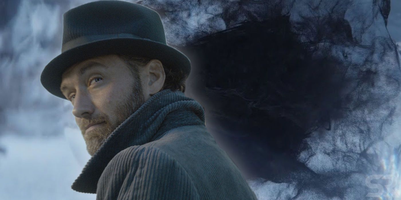 Jude Law as Albus Dumbledore with a trilby hat and coat on and Fantastic Beasts’ Obscurus