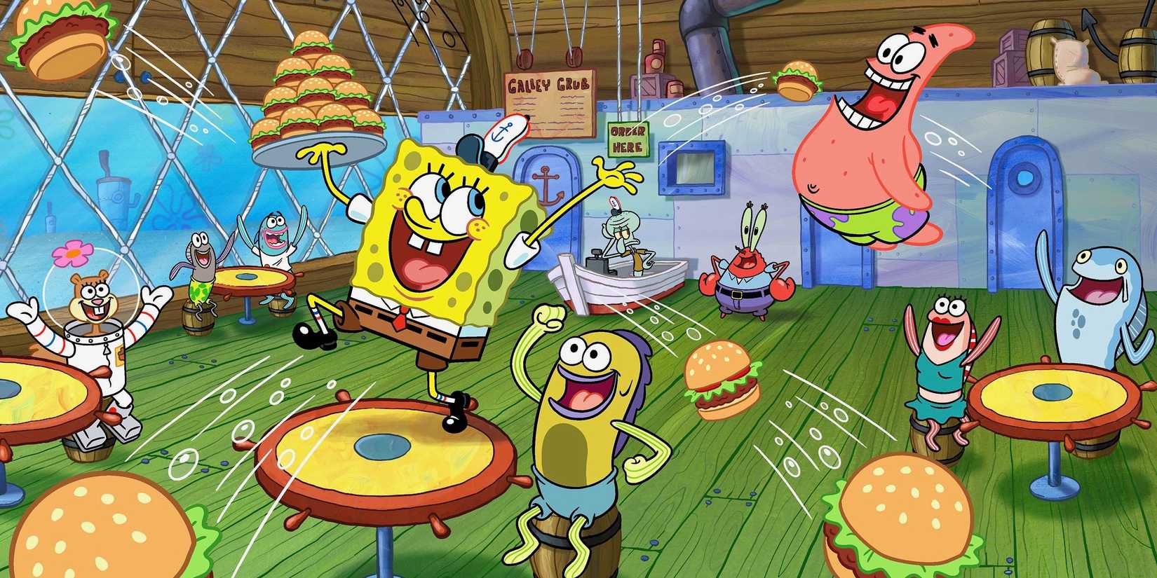 Spongebob Squarepants, Patrick, Sandy, Mr. Krabs, and Squidward playing in SpongeBob SquarePants.