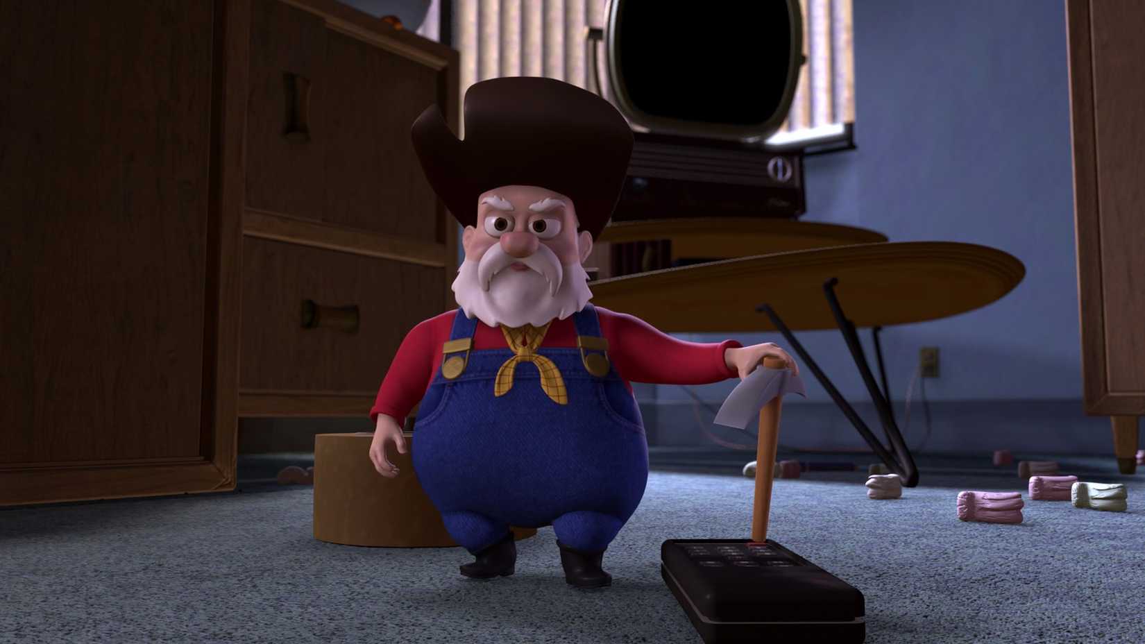 Stinky Pete looking mad, turning off the TV in Toy Story 2
