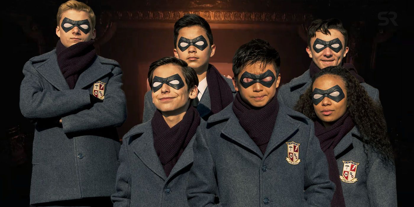 Luther, Ben, Five, Diego, Klaus, and Allison as children dressed in costumes in The Umbrella Academy