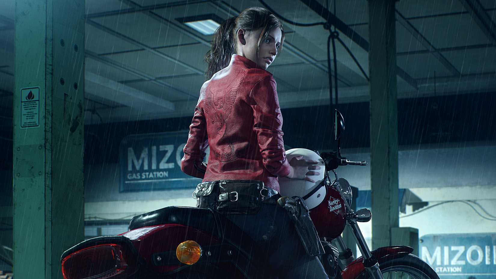 Claire Redfield sits on her motorcycle in Resident Evil 2 (2019).