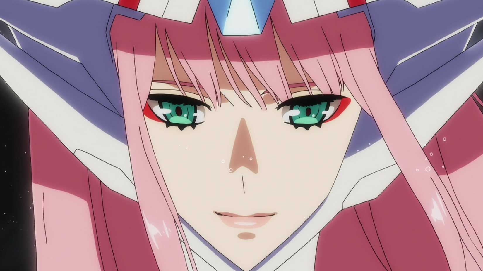A close up of Zero Two from Darling in the Franxx