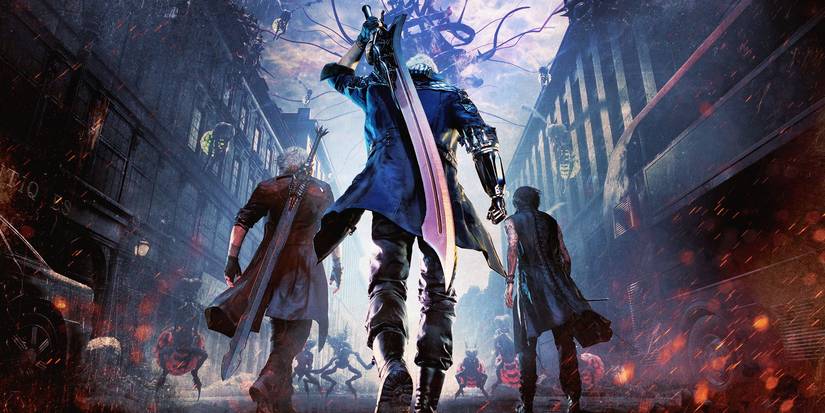 Textless cover for Devil may cry 5 shows Dante, Nero, and V walking towards dangerious demons with their backs against the camera.