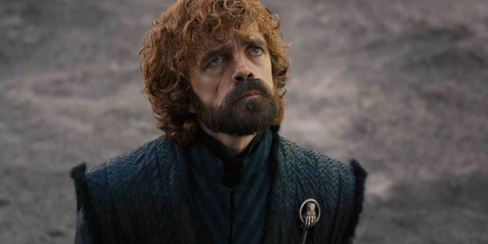 Tyrion looking up, his face serious, in Game of Thrones season 8