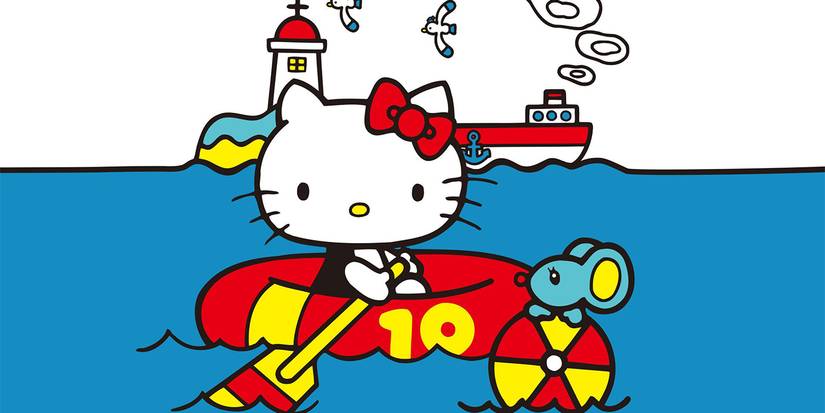 An illustration of Hello Kitty in a raft in front of a larger boat