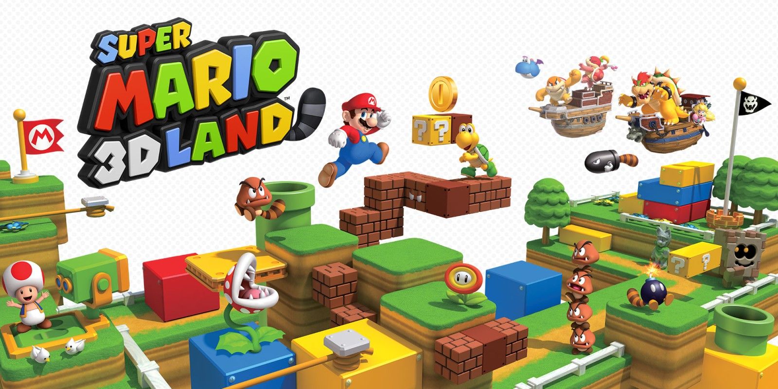 Super Mario 3D Land cover art with Mario jumping on different blocks. 