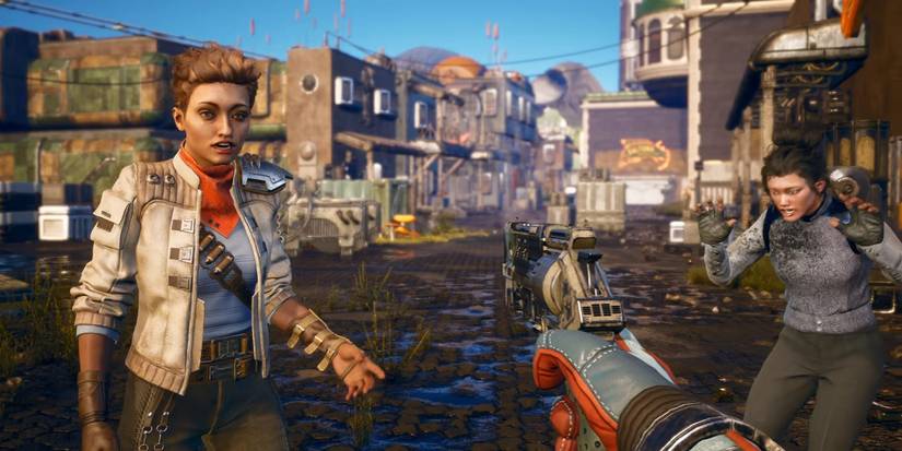 Player in the outer worlds holding a gun as people react.