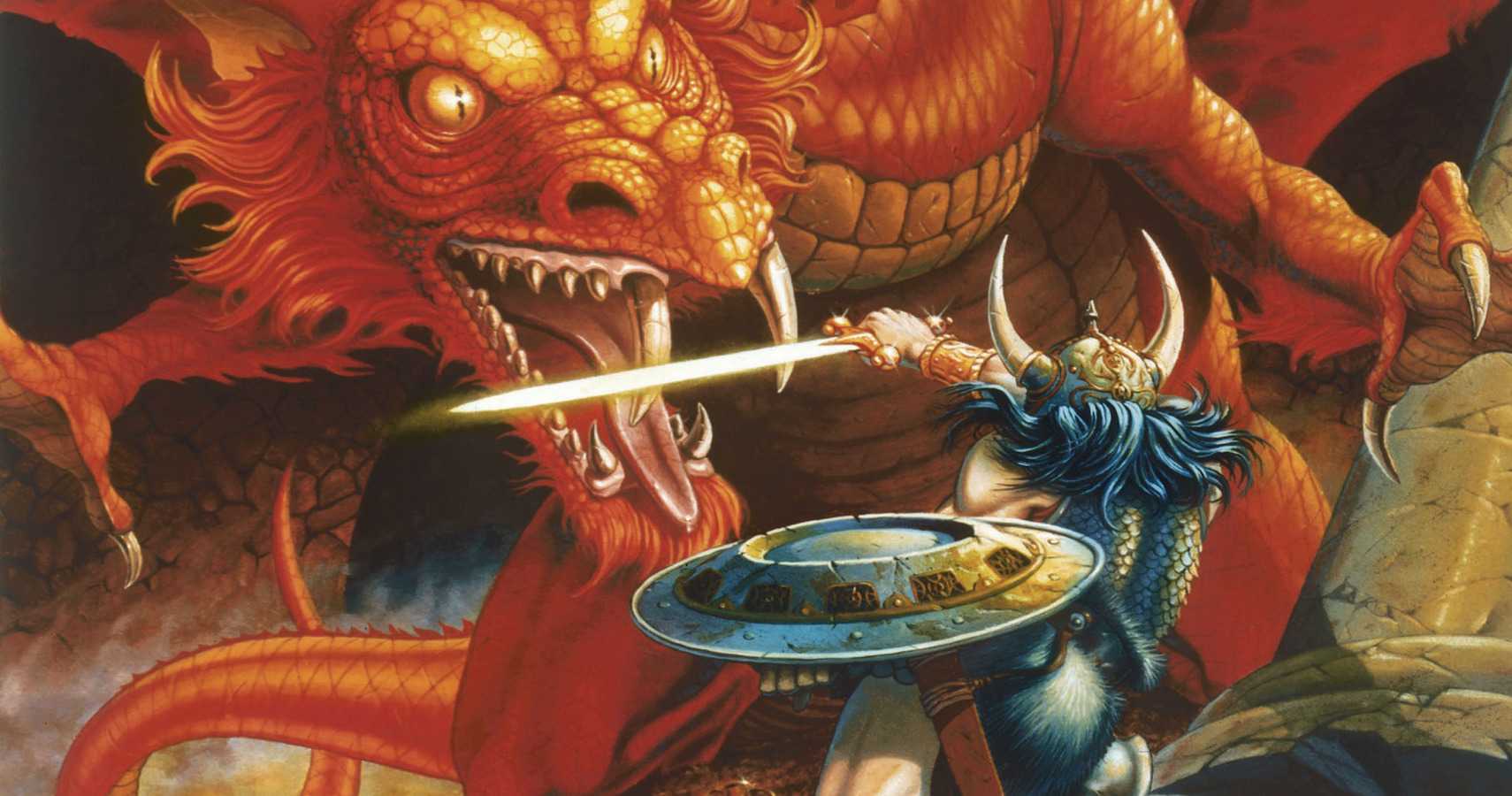 Dungeons and Dragons character fighting a dragon