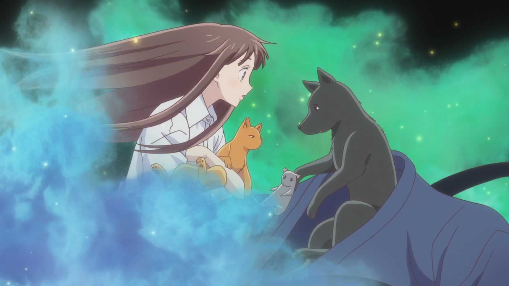A girl surrounded by humans transformed into a cat, rat, and dog in the 2019 anime Fruits Basket.