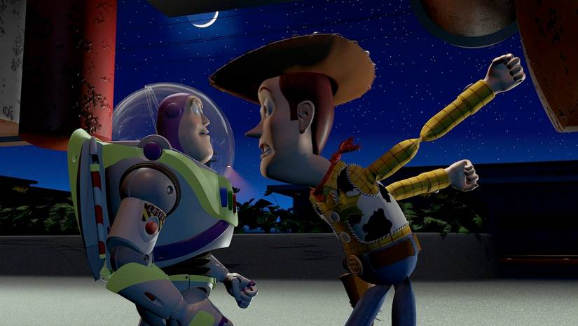 Woody and Buzz at the gas station in Toy Story