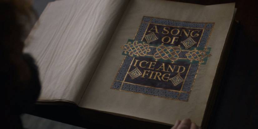 Tyrion opening up the book of A Song of Ice and Fire in Game of Thrones' series finale