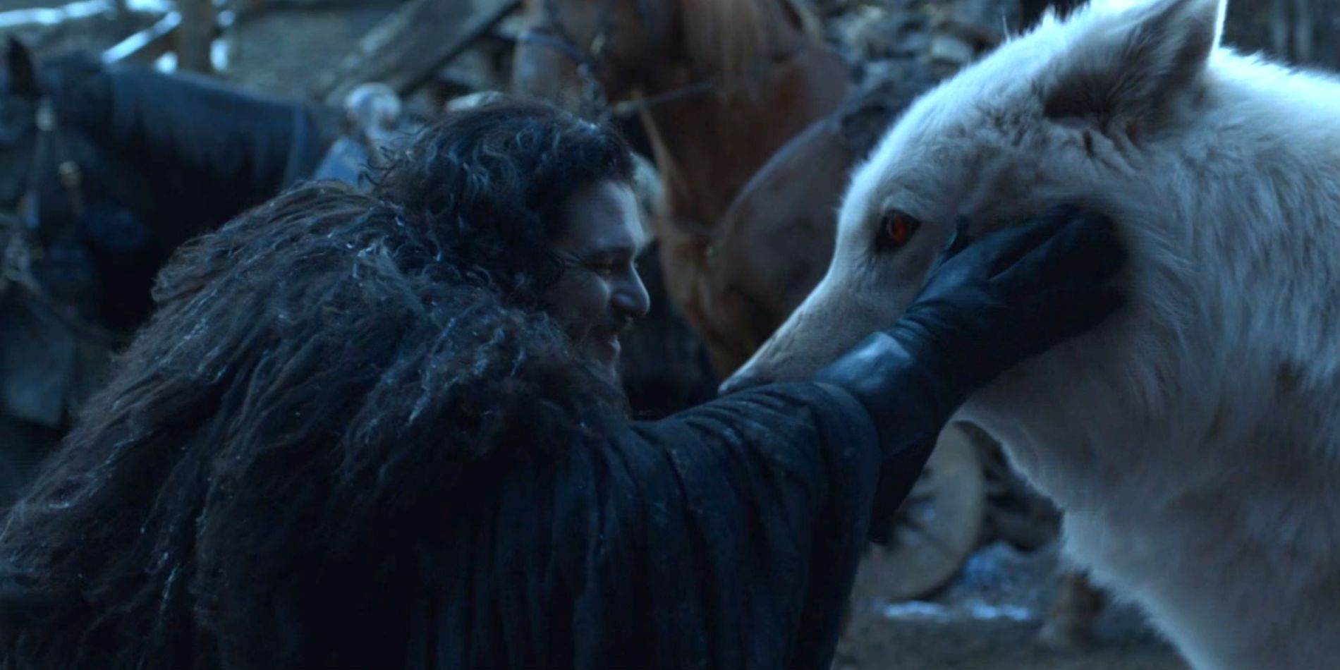 Jon Snow petting Ghost's head in Game of Thrones