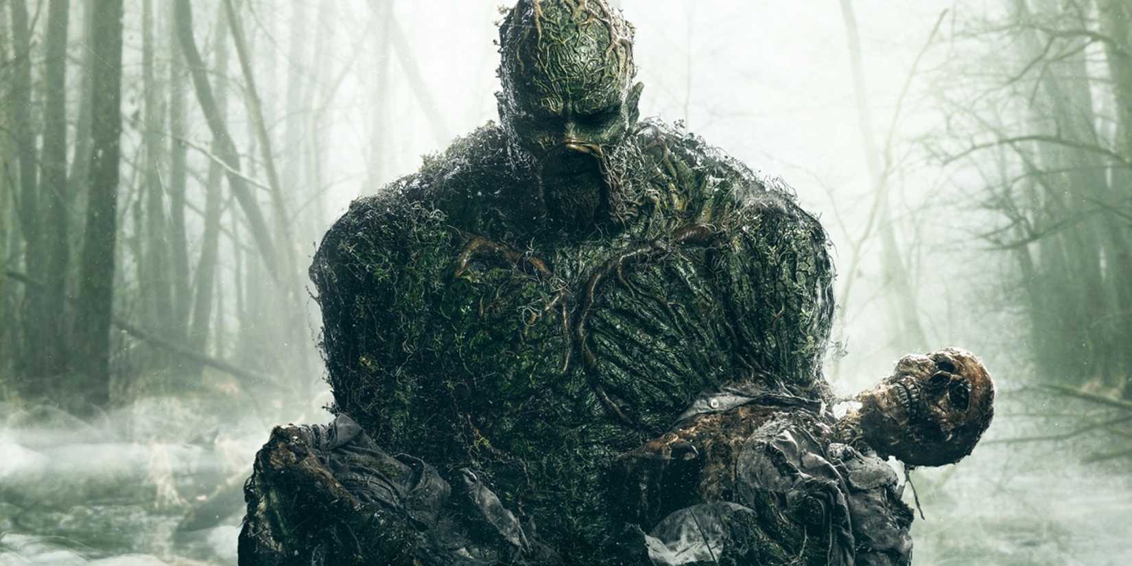 Swamp Thing carrying a body in Swamp Thing 2019