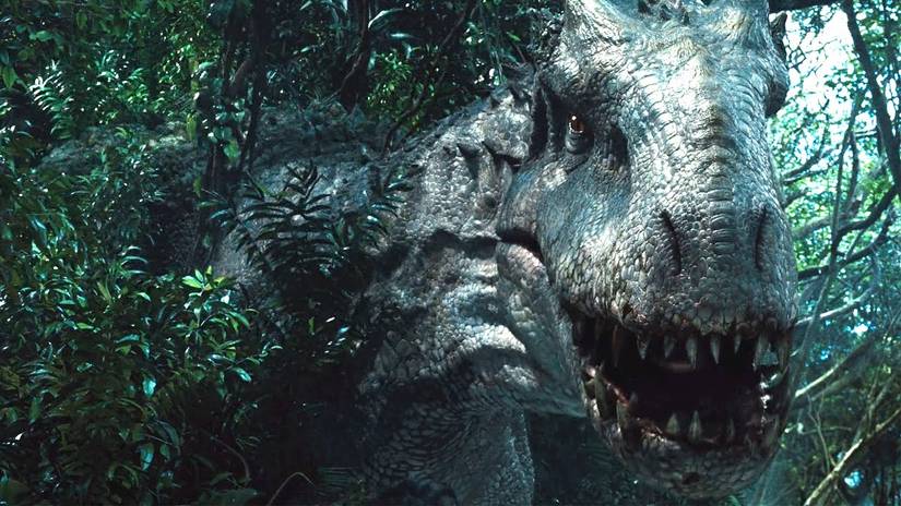 The Indominus Rex emerging from a treeline in Jurassic World