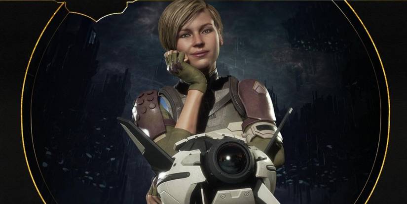 Cassie Cage from Mortal Kombat 11, leaning on her drone companion.