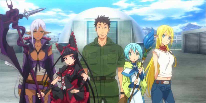 The main cast of the anime series Gate standing in front of a bunker.