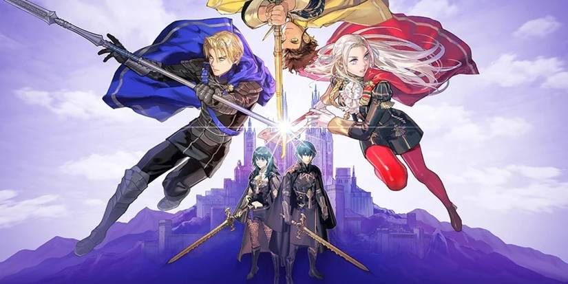 Fire Emblem Three Houses cover art for game featuring Byleth and the three leaders.