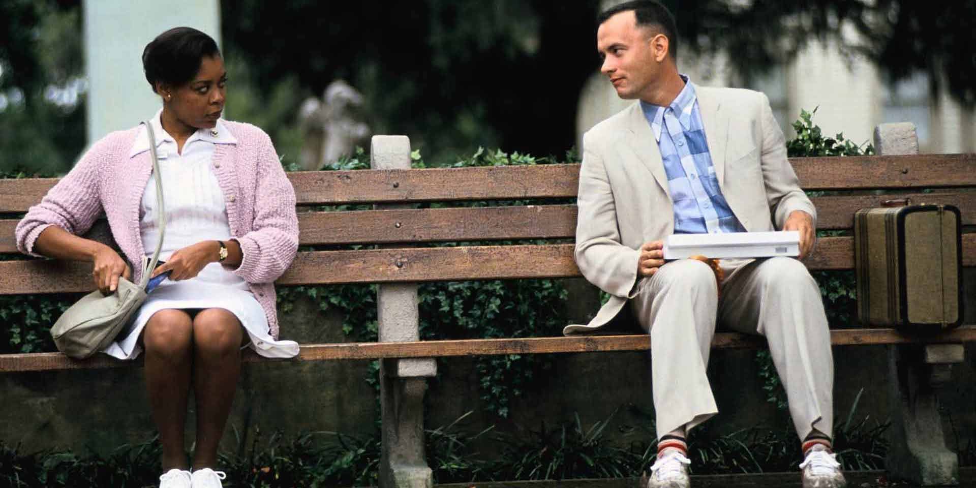 Forrest Gump talking to a woman on the bench in Forrest Gump
