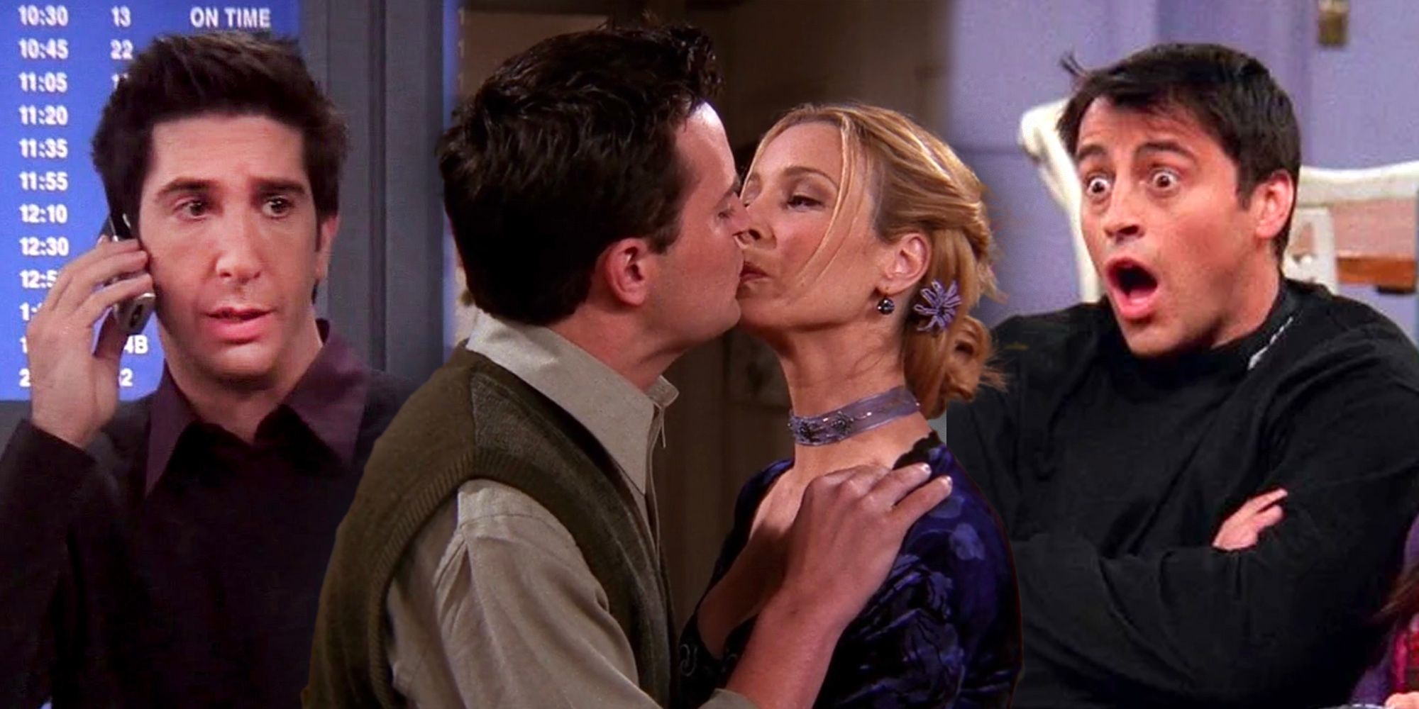Collage of Ross, Phoebe kissing Chandler, and a shocked Joey from Friends