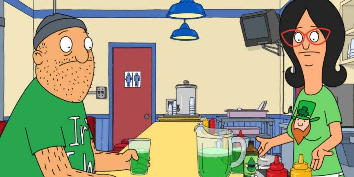 Teddy and Linda talking while drinking green soda in Bob&rsquo;s Burgers
