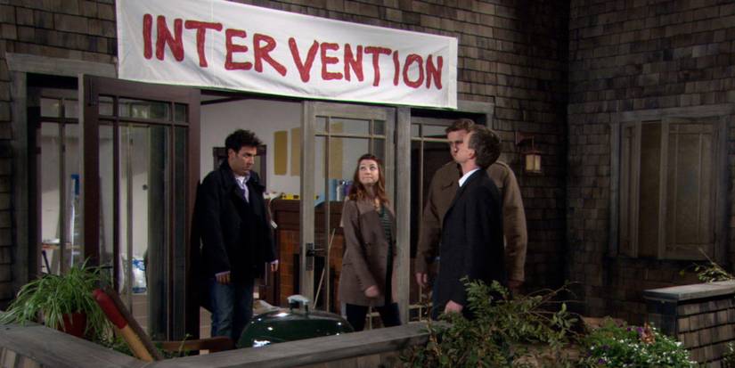 Ted, Lily, Marshall and Barney stand outside under the intervention banner in How I Met Your Mother