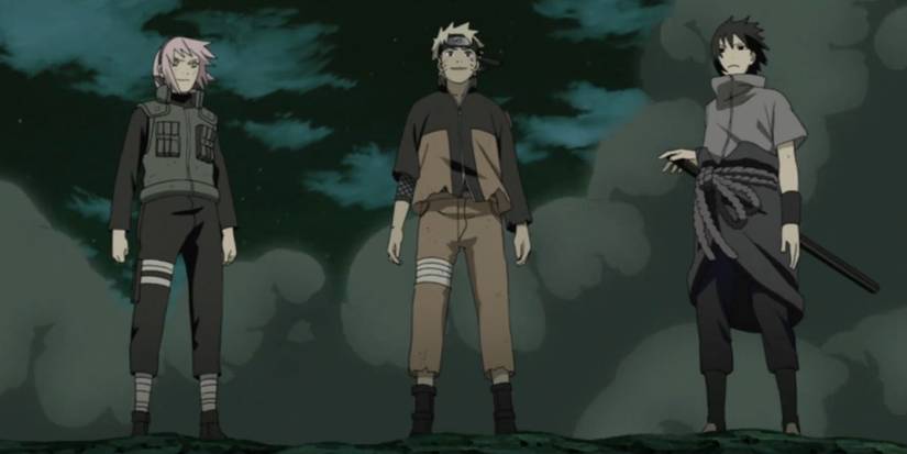 Sakura, Naruto, and Sasuke stand together during the Fourth Shinobi World War in Naruto Shippuden